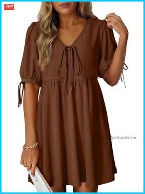 Dokotoo V Neck Bow Tie Empire Waist A-Line Mini Summer Dress